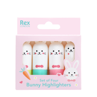 Set of four bunny-shaped highlighters in different colours in a pink box.