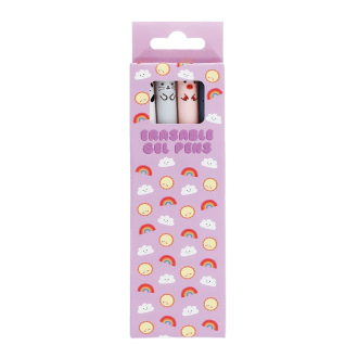 Pack of four animal-themed erasable gel pens in a pink box with rainbow and cloud design.