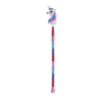 Unicorn stacking crayon with a white unicorn topper and colourful crayon segments.