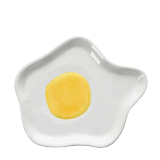 White ceramic trinket dish shaped like a fried egg with yellow yolk design