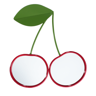 Wall mirror shaped like two cherries with red frames and green leaf detail