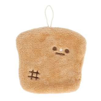 Brown kitchen cloth shaped like a slice of bread with embroidered face and hanging loop