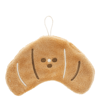 Brown kitchen cloth shaped like a croissant with hanging loop