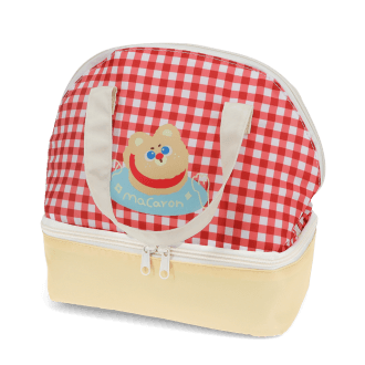 Red and white checkered lunch bag featuring a cute bear illustration with tag