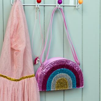 Children’s glitter rainbow handbag with colourful arcs and a pink strap