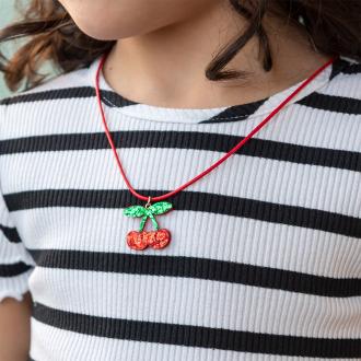 Children’s wearing necklace with red cord and sparkling cherry pendant 