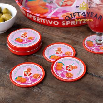 Four round coaster with Italian Aperitivo Spritz design in a storage tin
