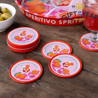 Four round coaster with Italian Aperitivo Spritz design in a storage tin - gift of the year - final list 