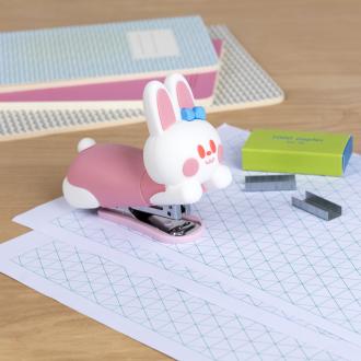 Bunny-shaped stapler with a small box of staples beside it