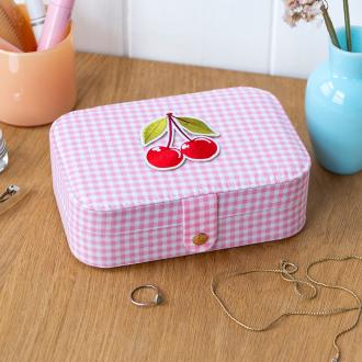 Pink gingham travel jewellery box .