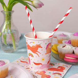 Pink unicorn-themed paper cup displayed with matching napkin.