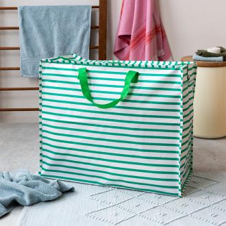 Large jumbo storage bag with green horizontal stripes and green handles.