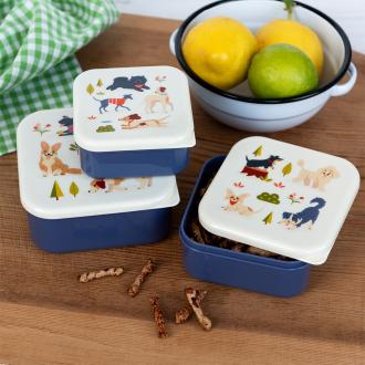 A set of three snack boxes featuring dog park illustrations.
