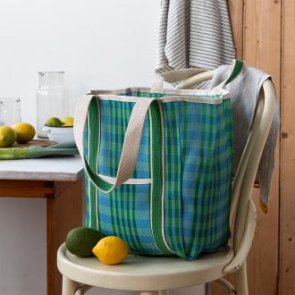Recycled woven tote bag with canvas handles - Blue and green