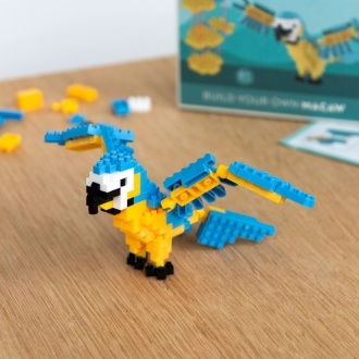 Completed macaw brick model displayed beside its packaging box.