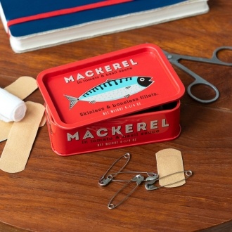 Red mini storage tin with an mackerel illustration on the front.