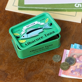 Green mini storage tin with a tuna illustration on the front.