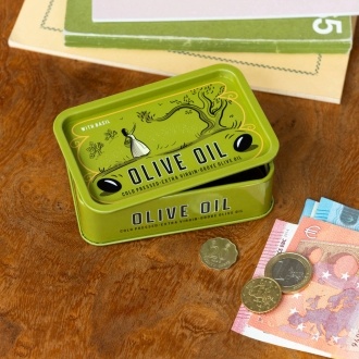 Mini storage tin with an olive oil illustration on the front.
