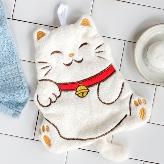 Soft white flannel face cloth in a cat shape design.