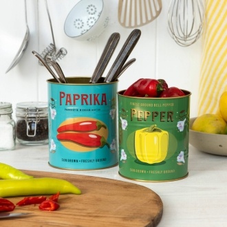 Two storage tins labelled Paprika and Pepper, with red and yellow pepper illustrations.