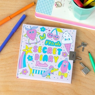 Colourful secret diary with cute cartoons illustrations and a padlock on the cover.
