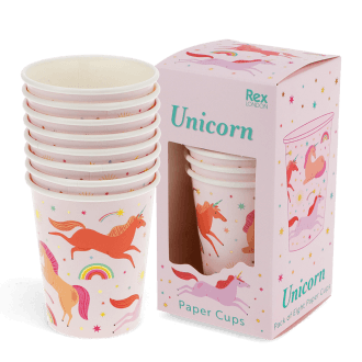 Pack of eight pink paper cups with colourful unicorn and rainbow design placed beside the packaging