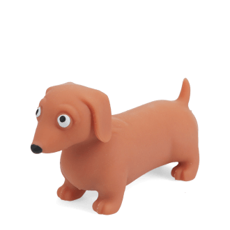 Squeezy squishy toy shaped like a brown sausage dog with floppy ears and a cute face.