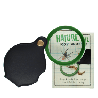Nature Trail pocket magnifying glass with green frame, black leather case, and illustrated packaging.