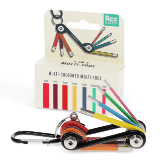 7-in-1 multi-coloured multi-tool with hex keys and screwdriver bits, shown with packaging.