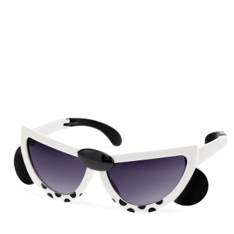 sunglasses with white snow leopard design, black spots, and dark lenses