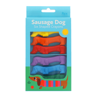 Set of six sausage dog-shaped crayons in yellow, purple, red, blue, green, and orange in packaging.