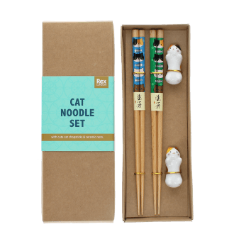Cat-themed chopsticks set with two ceramic rests in a gift box.