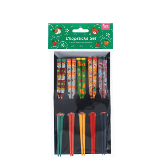 Set of five pairs of colorful chopsticks with cute animal and fruit designs in a packaging