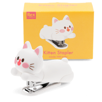 Kitten-shaped stapler with its box in the background