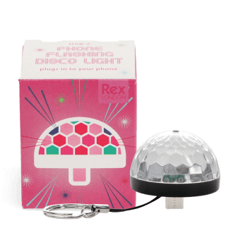USB‑C plug‑in disco light with a faceted dome and keychain and a packaging box beside it.