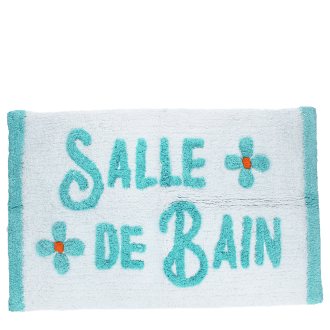 White bath mat with text reading ‘Salle de Bain'