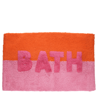 Orange and pink bath mat with the word ‘BATH’ in pink in the center