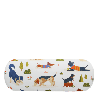 Glasses case with playful illustrated dogs and trees on a light background