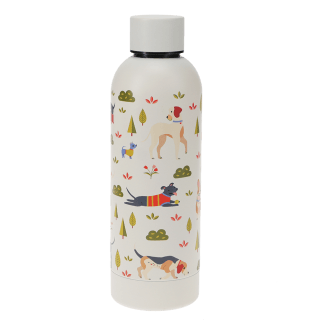 stainless‑steel water bottle decorated with colourful illustrations of playful dogs,