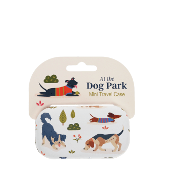 Mini travel case with playful illustrated dogs and trees on a light background