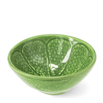 Green ceramic bowl with textured lime-like pattern and glossy finish.