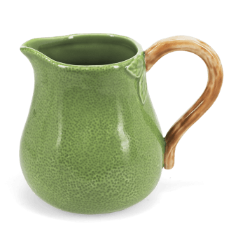 Green ceramic jug with textured surface and a curved brown handle