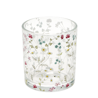 Clear glass candle holder with delicate floral design 