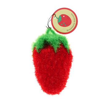 Strawberry-shaped dishcloth with hanging loop showing with tag.