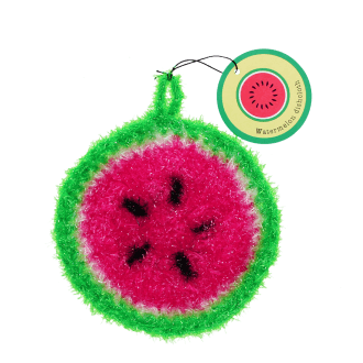 Watermelon–themed dishcloth in green and red with a hanging loop and tag.