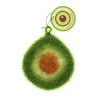 Avocado-shaped dishcloth with textured green layers, brown pit detail, and hanging loop with tag.