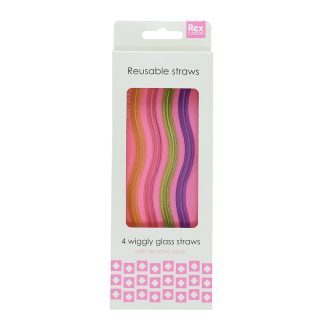 Pack of colourful four wiggly glass straws.