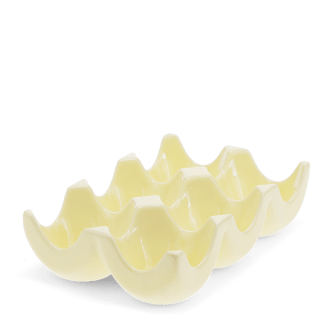 Yellow ceramic egg holder with six curved compartments for storing eggs