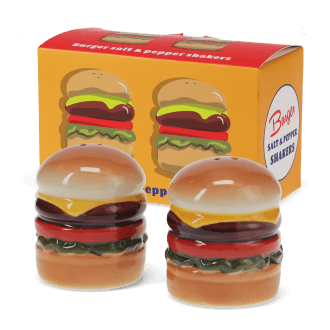 Burger‑shaped ceramic salt and pepper shakers with gift box.