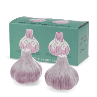 Garlic‑shaped ceramic salt and pepper shakers with gift box.